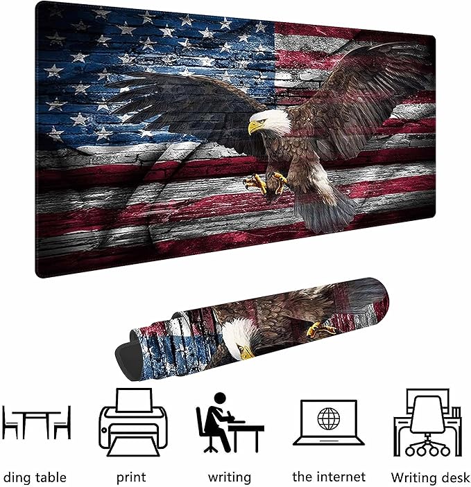 American Flag and Eagle Non-Slip Rubber Large Mouse pad for Desk,Large Gaming Mouse Pad XXL Extended Mouse pad with Stitched Edges Non-Slip Base Water Resist Pad Desk Mat 35.4x15.7inch