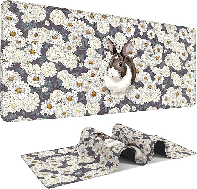 Large Mouse Pad & Keyboard Mat 35x16 Inches, Cute Rabbit in White Daisy Field Non-Slip Rubber Base Desk Mat, Large Extended Desk Protector for Home Office Gaming Setup