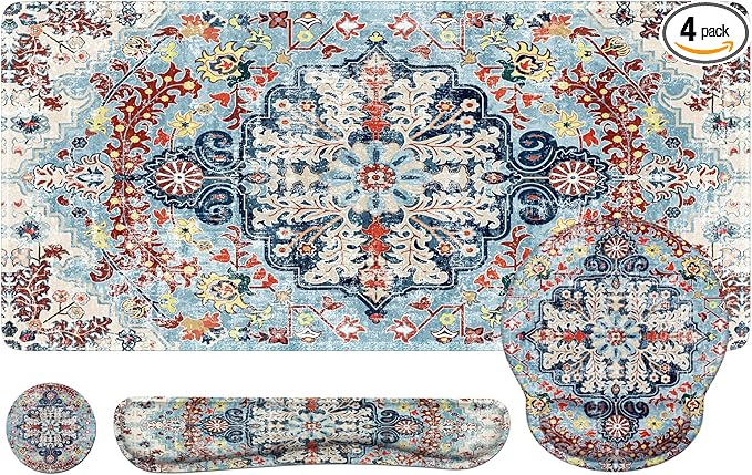 iLeadon Ergonomic Mouse Pad Set, Boho Desk Mat + Mouse Pad with Wrist Rest + Keyboard Wrist Rest + Coaster, 4in1 Mouse and Keyboard Pad Set for Home Office, Boho Rug Blue