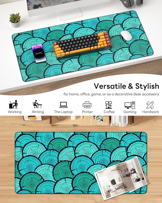 XL Gaming Mouse Pad, 31.5x15.7'' Large Desk Mat with Anti-Slip Rubber Base & Stitched Edges for Gaming, Office, Home, Annual Rings