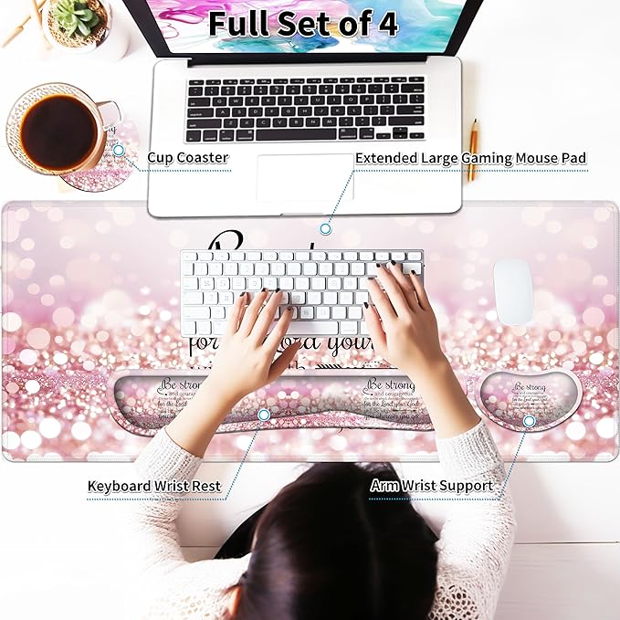Large Gaming Mouse Pad Set 35.4 x 15.7 with Keyboard Wrist Rest, Wrist Support, and Coaster Memory Foam Smooth Desk Pad Mousepad for Home Office School - Quote Bible