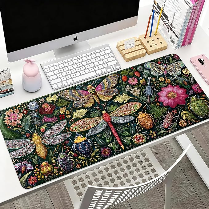 Desk Mat, XXL Extended Gaming Pad for Desktop, 35x16 Inches Butterflies and Dragonflies Garden Scene, Large Non-Slip Vegan Leather Keyboard Mouse Mat for Home Office
