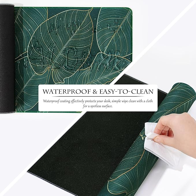 ALOANES Waterproof Mouse Pad with Durable Stitched Edge, Large Gaming Keyboard Pad, Non-Slip Rubber Base, Extended Desk pad for Gamer, Office & Home, Green Leaves Mousepad 27.6''x 11.8''x 0.12''
