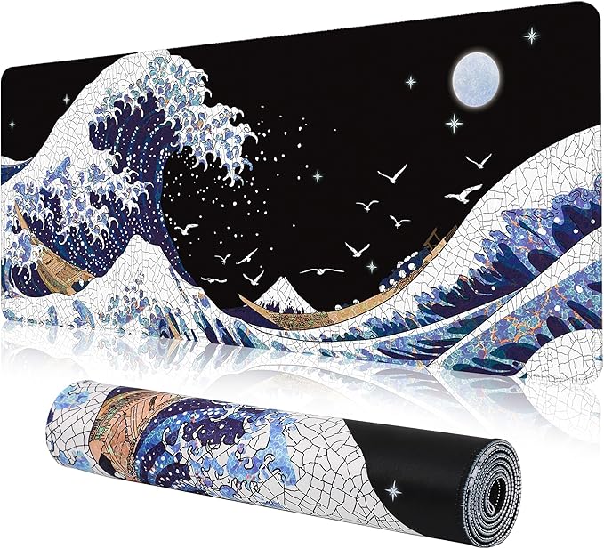 MEWOOCUE® Gaming Mouse Pad for Desk,Large Wave Mousepad Laptop,Black White Japanese Anime Mouse Mat,Long XXL Waterproof Keyboard Pads,Big Non-Slip Mousepads for Game Office Home（31.5 x 11.9 in）
