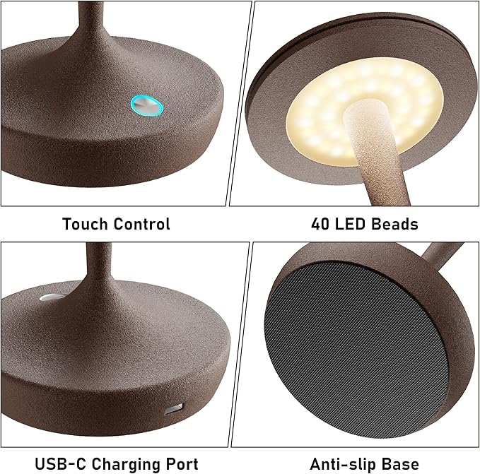YHT 2Pack CordlessTable Lamps Rechargeable, 6000mAh Battery Portable LED Touch Led Table Lamp, 3-Color Stepless Dimming & Memory Function, for Outdoor, Dinning, Patio, Restaurant, Kitchen (2 Rust)