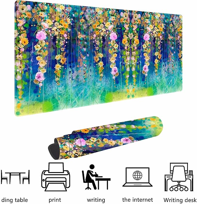 Abstract Watercolor Flowers Non-Slip Rubber Large Mouse pad for Desk,Large Gaming Mouse Pad XXL Extended Mouse pad with Stitched Edges Non-Slip Base Water Resist Pad Desk Mat 35.4x15.7inch