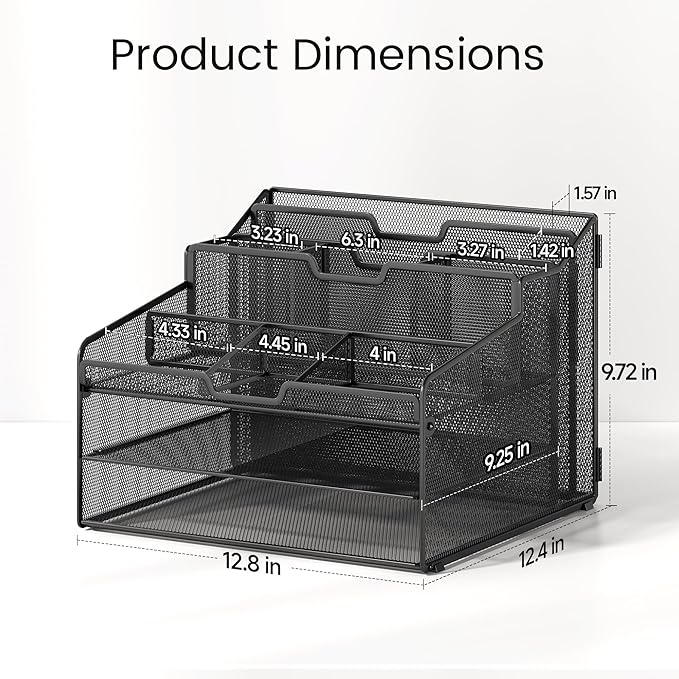 Lavatino Desk Organizer - Metal Mesh with 2 Paper Letter Trays, 7 Flexible Dividers, 2 Vertical File Holders for Office/Home/Classroom Supplies, Desk Organizers and Accessories, Black