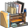Piskyet Desk Organizer and Accessories, Wooden Desk File Organizer with Drawer,5 Vertical File Holders and 2 Pen Holders,Fancy Desktop Storage for Home Office