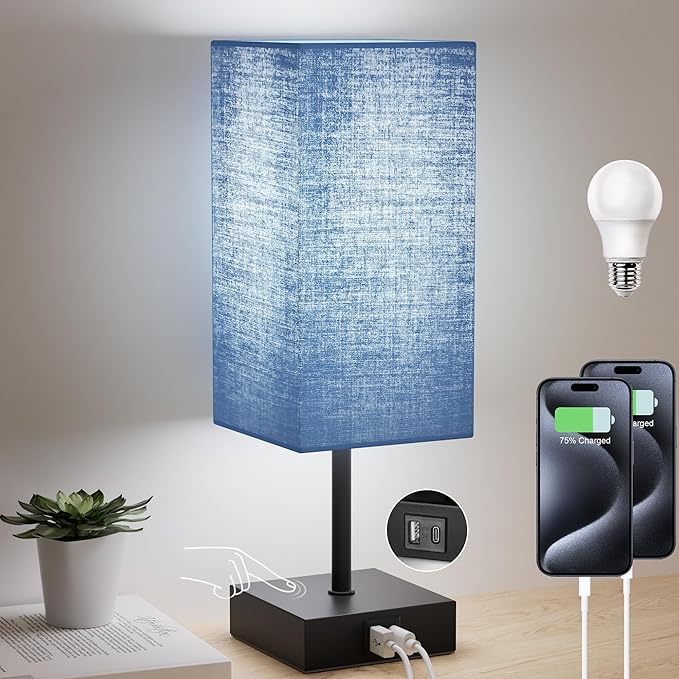 Sailstar Bedside Table Lamp for Bedroom, 3 Way Dimmable Touch Lamp with USB C+A Charging Ports, Small Nightand Lamps for Bedroom Decor, Living Room, LED Bulbs Included, Upgraded Navy Blue
