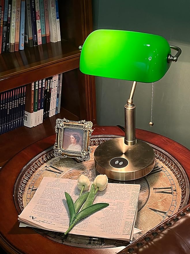 FIRVRE Green Glass Bankers Desk Lamp USB Wireless Charging Port LED Table Lamp Classic Retro Pull Chain Switch Reading Lamp for Home Office Workplace Library Piano