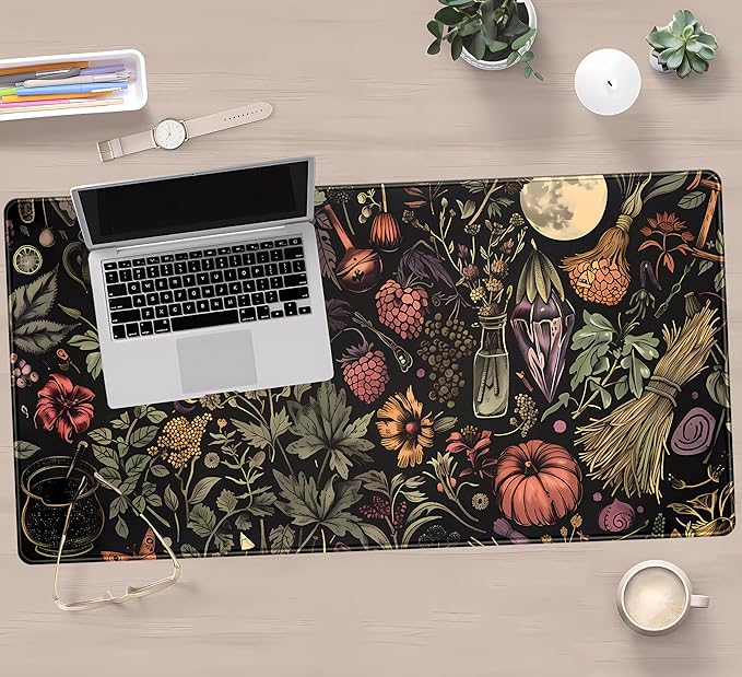 Desk Mat Botanical Witchery Mouse Pad Gaming Mat Dark Keyboard Mat, Long Mouse Mat XXL Extended Desktop Pad Computer Mats with Stitched Edges, Office Desk Accessory Home Decor 31.5" x 15.7"