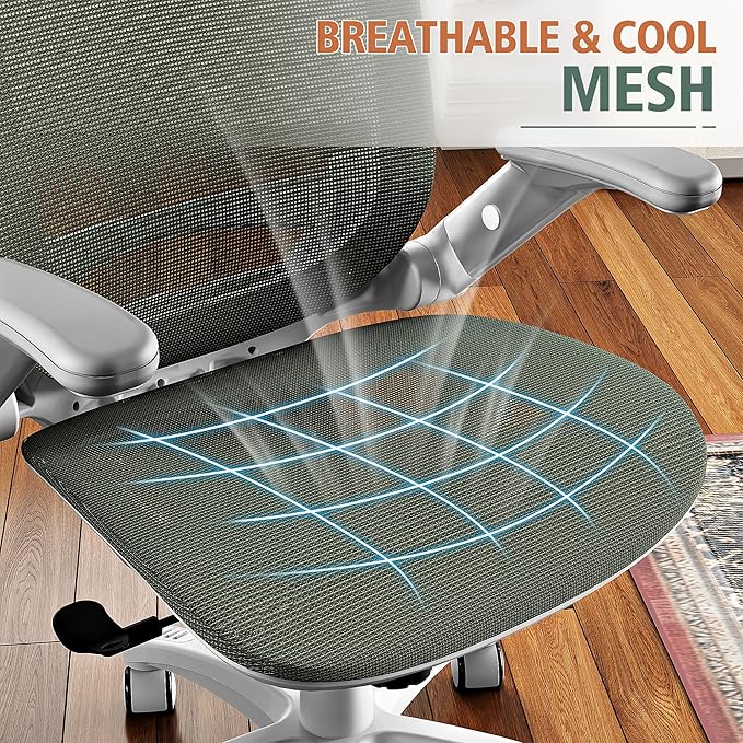 GABRYLLY Ergonomic Office Chair, High Back Home Desk Chair with Headrest, Flip-Up Arms, 90-120° Tilt Lock and Wide Cushion, 300LBS Mesh Chairs for Man Woman, White Task Chair(Olive Green,GY01WOG)