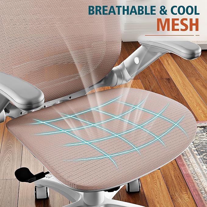GABRYLLY Ergonomic Office Chair, High Back Home Desk Chair with Headrest, Flip-Up Arms, 90-120° Tilt Lock and Wide Cushion, 300LBS Mesh Chairs for Man Woman, White Task Chair(Pink,GY01WPK)